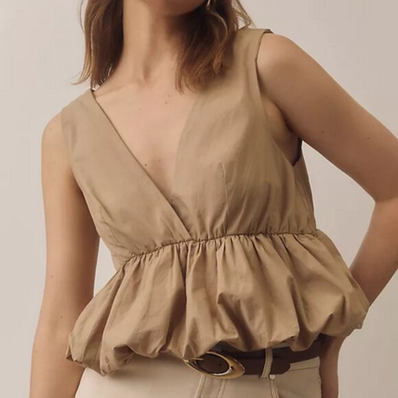 Anthropologie Tops - Anthropologie Maeve V-Neck Bubble-Hem Tank Top Sand Cropped L